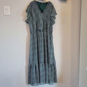 YUCAN V-Neck Button Maxi Green And White Dress Garden Flowy